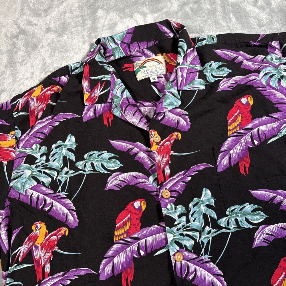 Paradise Found Shirt Mens XL Magnum PI Black Purple Jungle Bird Parrot Hawaiian